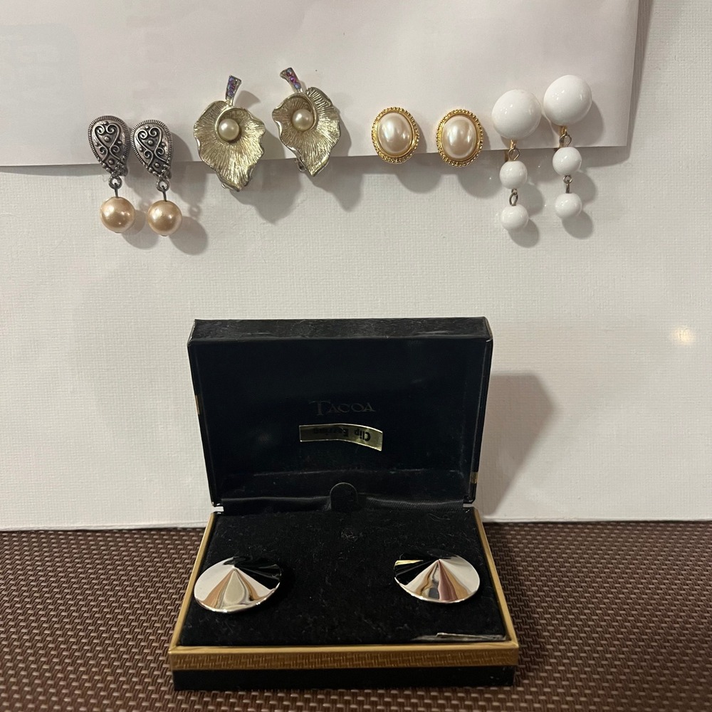Vintage Clip On Earrings Lot 5 Pair Faux Pearl White Gold Silver Costume Jewelry